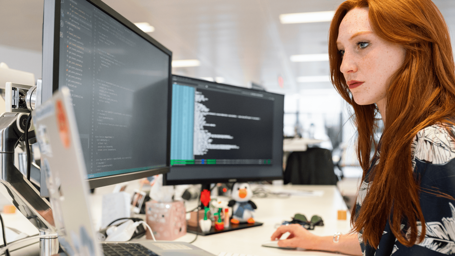 professional woman in office programming stata with python