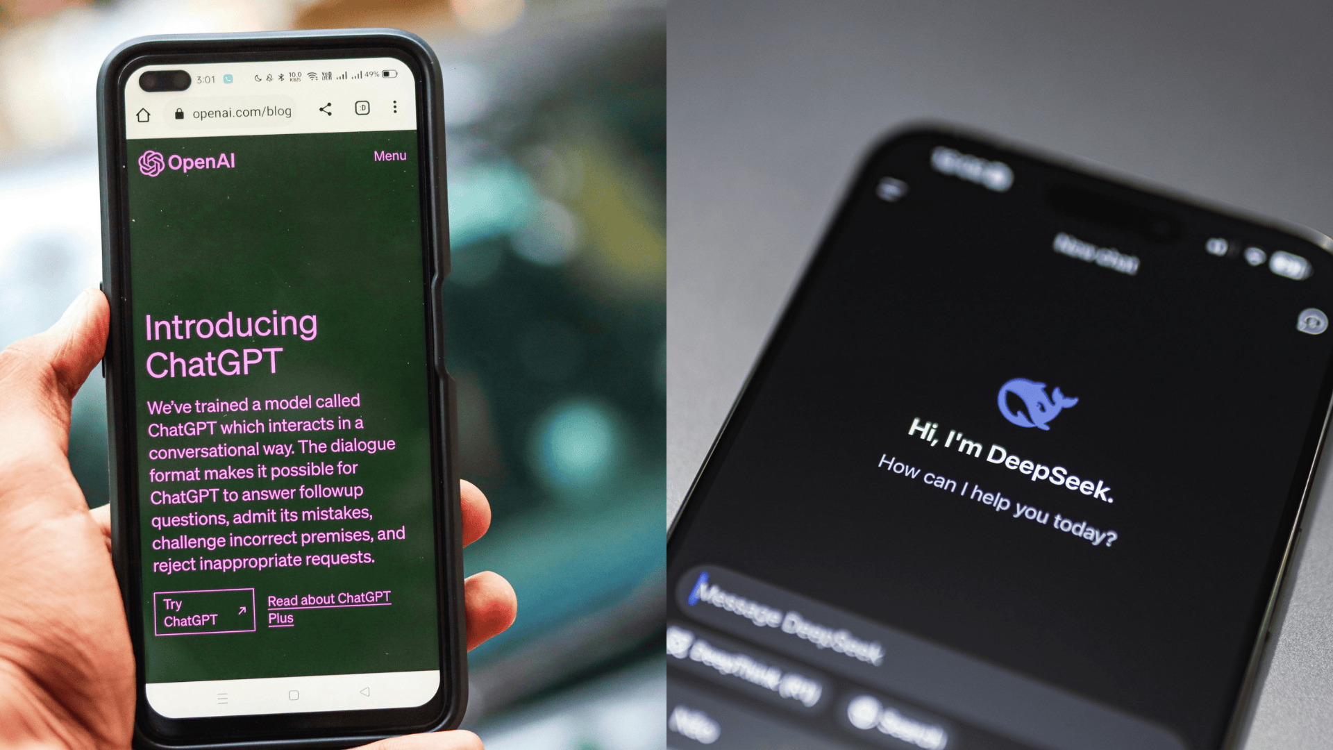 Two smartphones displaying generative A platforms
