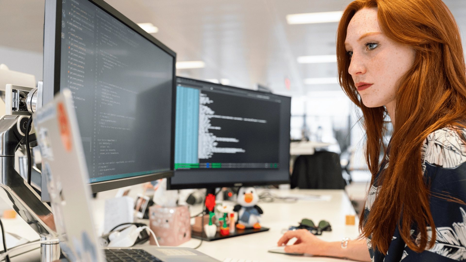 professional woman in office programming stata with python